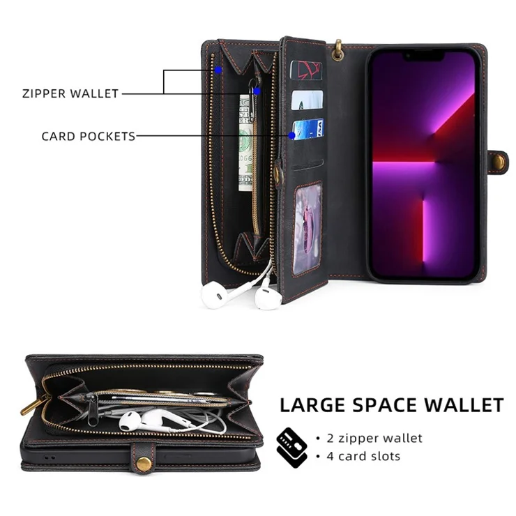 MEGSHI 017 Series For iPhone 15 Pro Max Zipper Pocket Wallet Leather Cover Magnetic Detachable Phone Case - Black