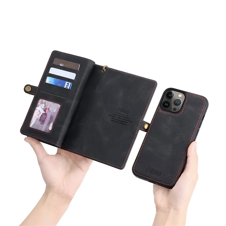 MEGSHI 017 Series For iPhone 15 Pro Zipper Pocket Leather Wallet Phone Cover Magnetic Detachable Anti-drop Case - Black