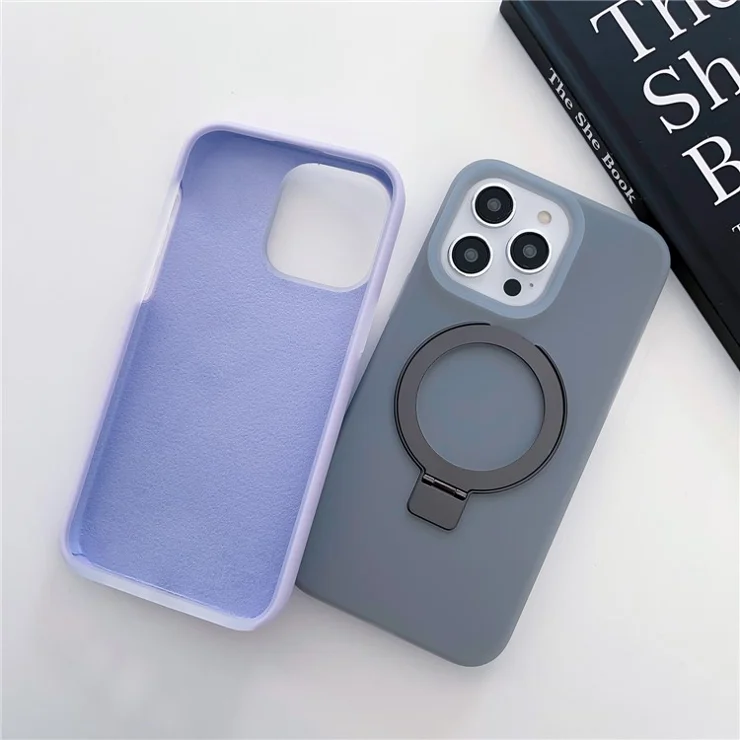 For iPhone 15 Pro Max Compatible with MagSafe Shockproof Phone Case Liquid Silicone+PC Cover with Kickstand - Purple