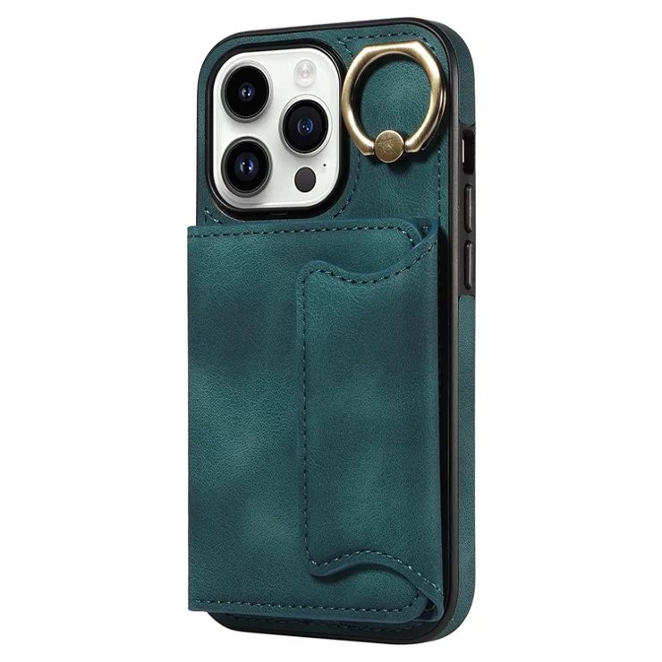 For iPhone 15 Plus PU Leather+TPU Cover Skin-touch Feeling Phone Case Card Holder Kickstand Phone Shell - Green