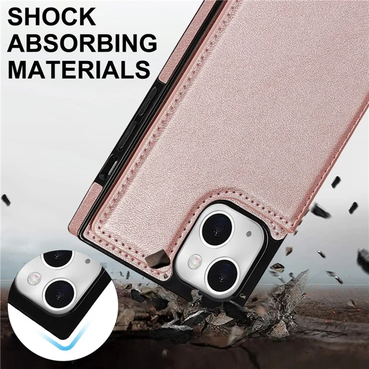 For iPhone 15 Plus Magnetic Buttons Kickstand Phone Case RFID Blocking Card Holder Cover with Long Strap - Rose Gold