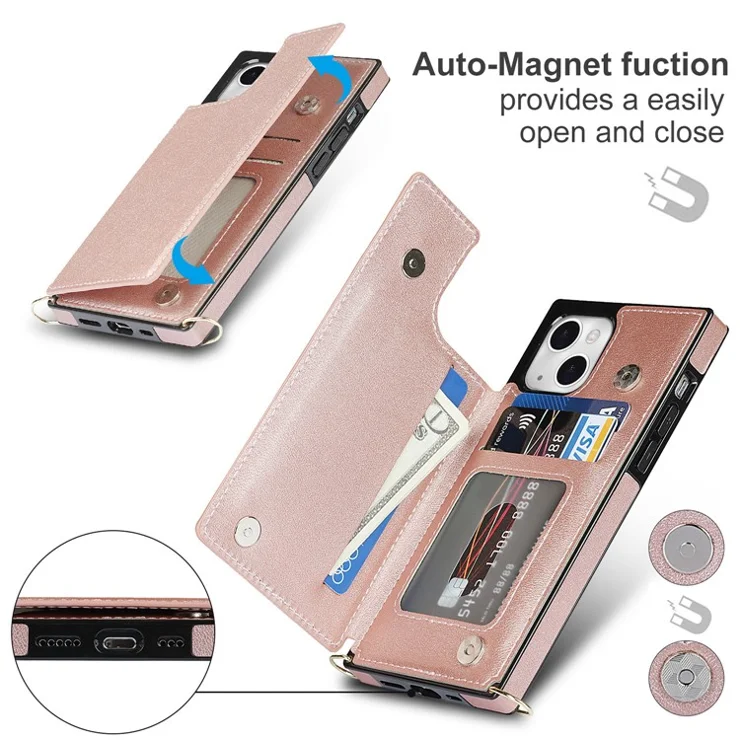 For iPhone 15 Plus Magnetic Buttons Kickstand Phone Case RFID Blocking Card Holder Cover with Long Strap - Rose Gold