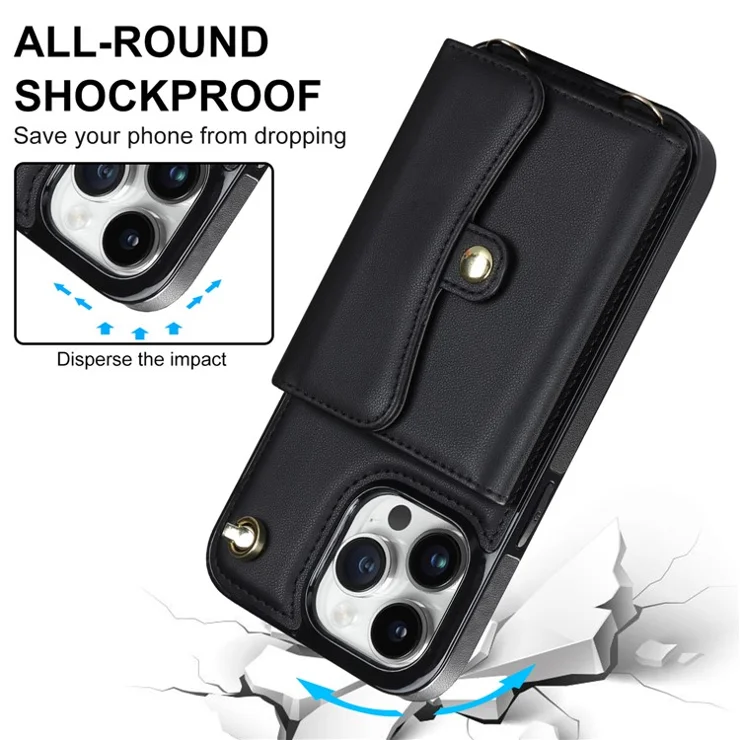 Phone Shell for iPhone 15 Pro , Card Slots Anti-scratch PU Leather+TPU Kickstand Cover with Short+Long Straps - Black