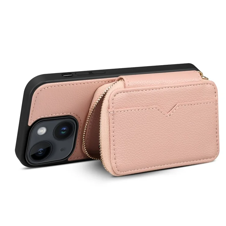 For iPhone 15 Plus Kickstand Zipper Wallet Back Cover PU Leather+TPU Phone Case with Chain Strap - Rose Gold