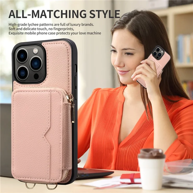 For iPhone 15 Plus Kickstand Zipper Wallet Back Cover PU Leather+TPU Phone Case with Chain Strap - Rose Gold