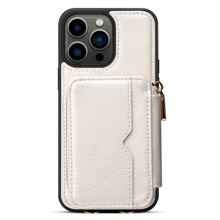For iPhone 15 Pro Max PU Leather+TPU Phone Case Zipper Wallet Kickstand Cover with Chain Strap - White