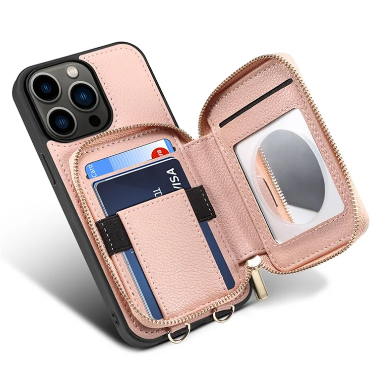 For iPhone 15 Pro Kickstand Anti-drop Cover PU Leather+TPU Zipper Wallet Phone Case with Chain Strap - Rose Gold