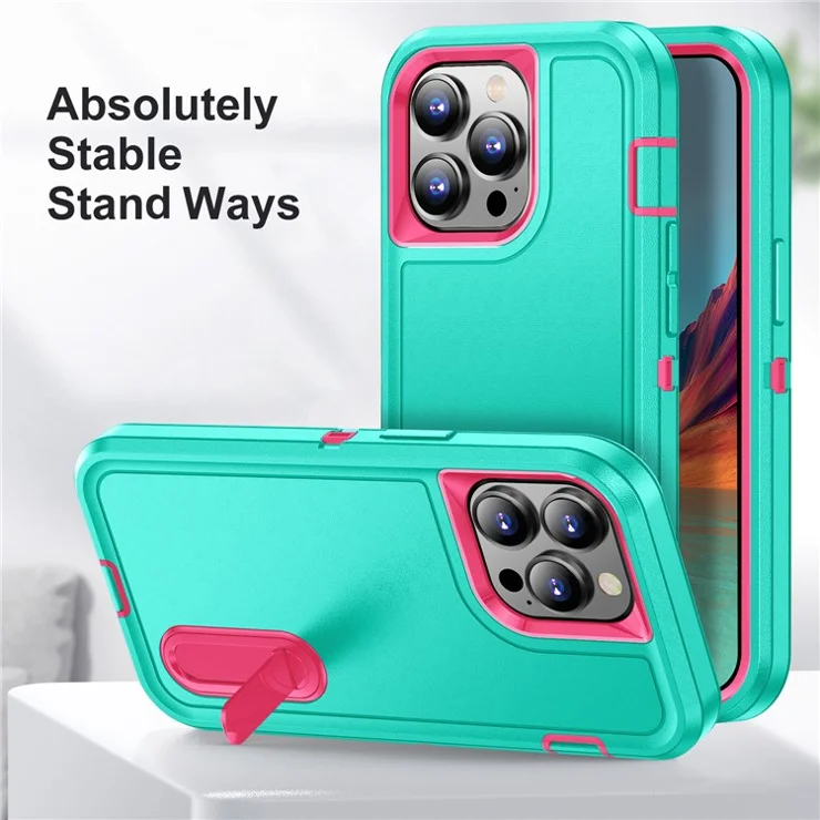 For iPhone 15 Pro Max Shockproof Phone Case Anti-Drop PC+TPU Cell Phone Cover with Kickstand - Cyan / Rose