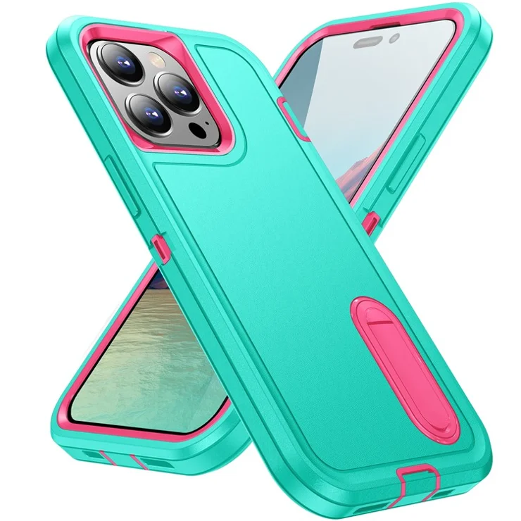 For iPhone 15 Pro Max Shockproof Phone Case Anti-Drop PC+TPU Cell Phone Cover with Kickstand - Cyan / Rose