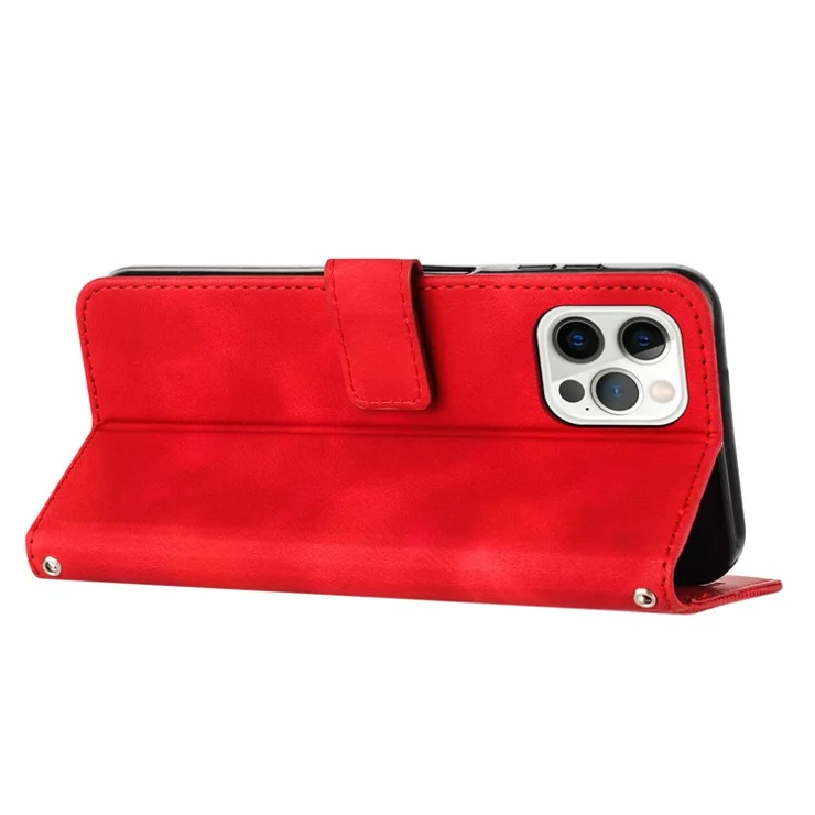Wallet Phone Cover for iPhone 14 Pro Max , Triangle Imprinted Leather Stand Case - Red