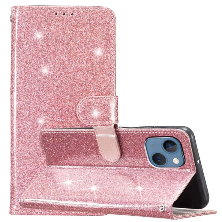 For iPhone 14 Plus Glittery PU Leather Case Folio Flip Wallet Stand Smartphone Cover - Rose Gold