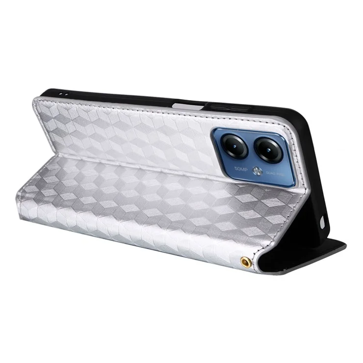 For Motorola Moto G14 4G Rhombus Imprinted Wallet Phone Case Anti-drop PU Leather Stand Cover - Silver