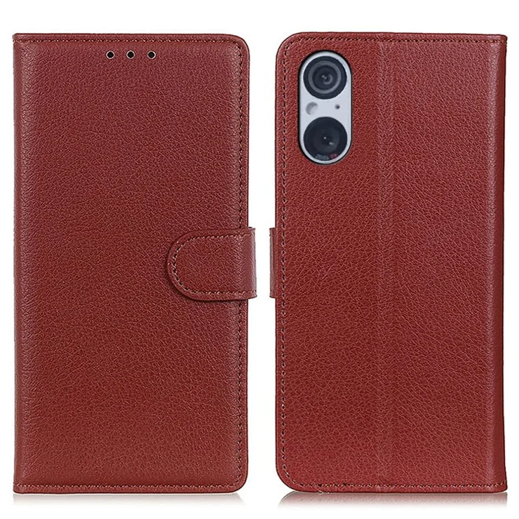 For Sony Xperia 5 V Litchi Texture Wallet PU Leather Case Folding Stand Phone Cover - Brown