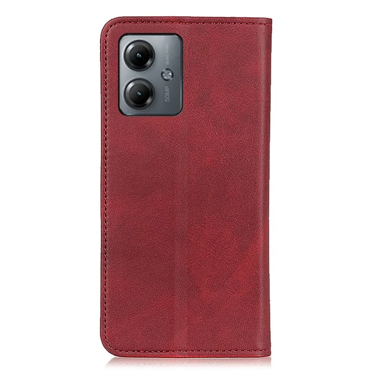 For Motorola Moto G14 4G Anti-drop Phone Case Cowhide Texture Split Leather Wallet Stand Shell - Red