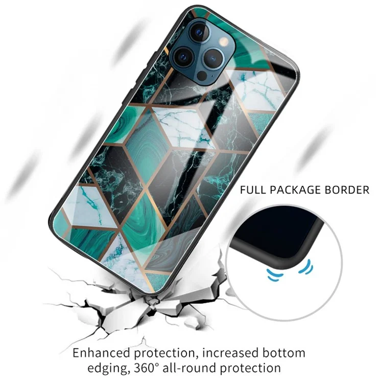 For iPhone 15 Pro Max Tempered Glass TPU Phone Back Case Drop-proof Marble Pattern Printing Mobile Shell Cover - Style J