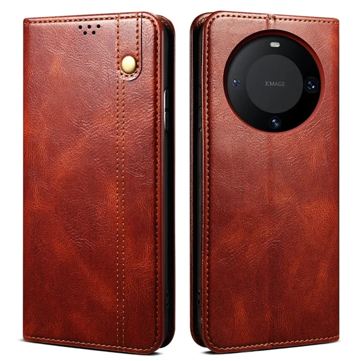 For Huawei Mate 60 Pro Stand Wallet Phone Leather Case Waxy Crazy Horse Texture Case Phone Cover - Brown