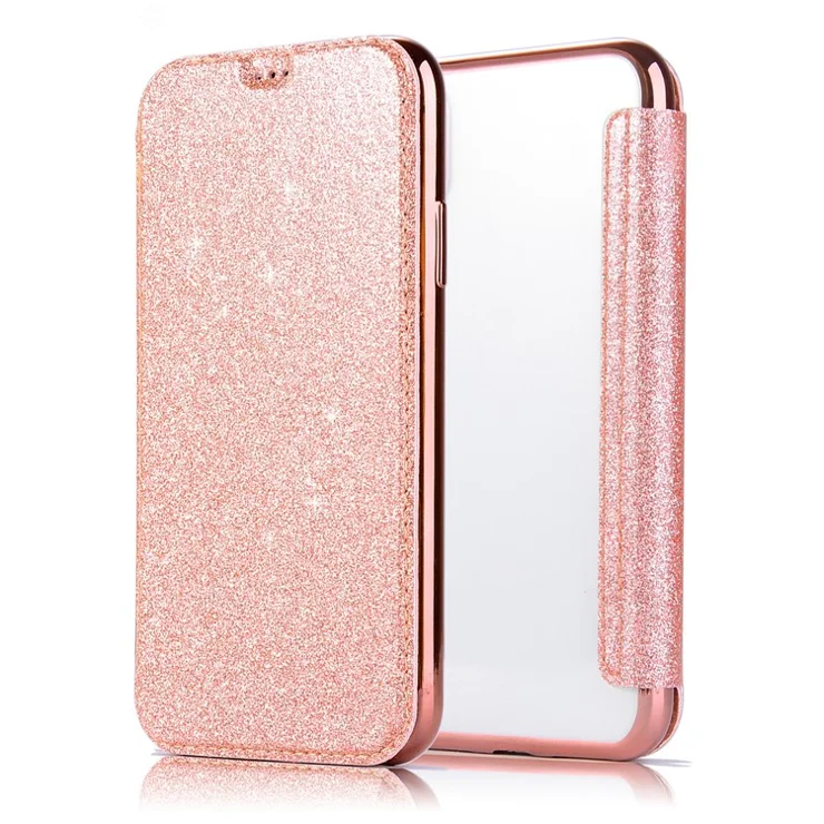 Stand Case for iPhone 15 Pro , Card Holder Glitter Powder Anti-scratch PU Leather+TPU Transparent Phone Cover - Gold