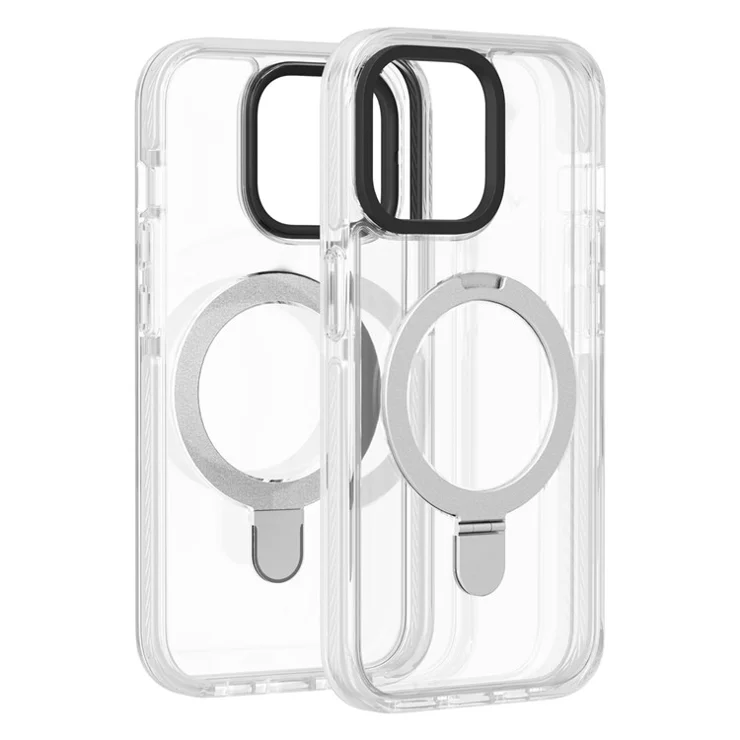 For iPhone 15 Compatible with MagSafe TPU+Acrylic Hybrid Case Shockproof Clear Phone Back Cover with Kickstand - White
