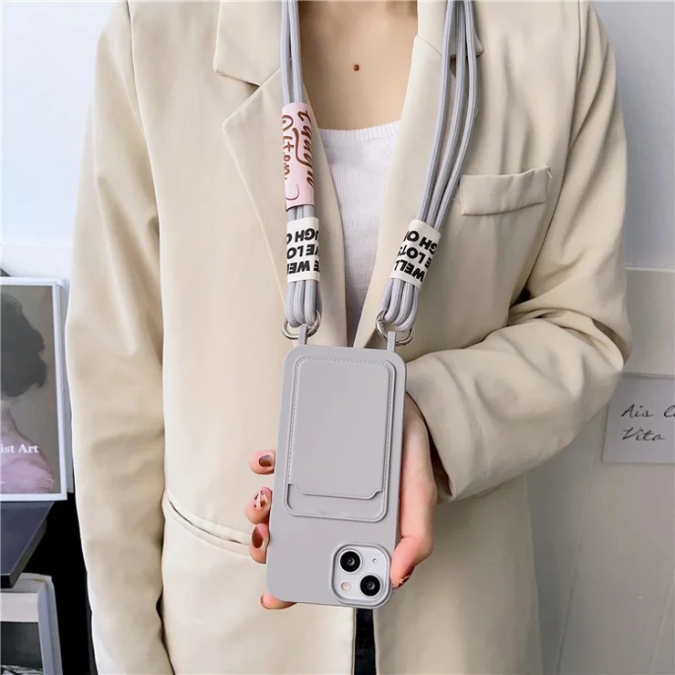 For iPhone 15 Plus Liquid Silicone Phone Case Card Slot Protective Cover with Strap - Navy Blue