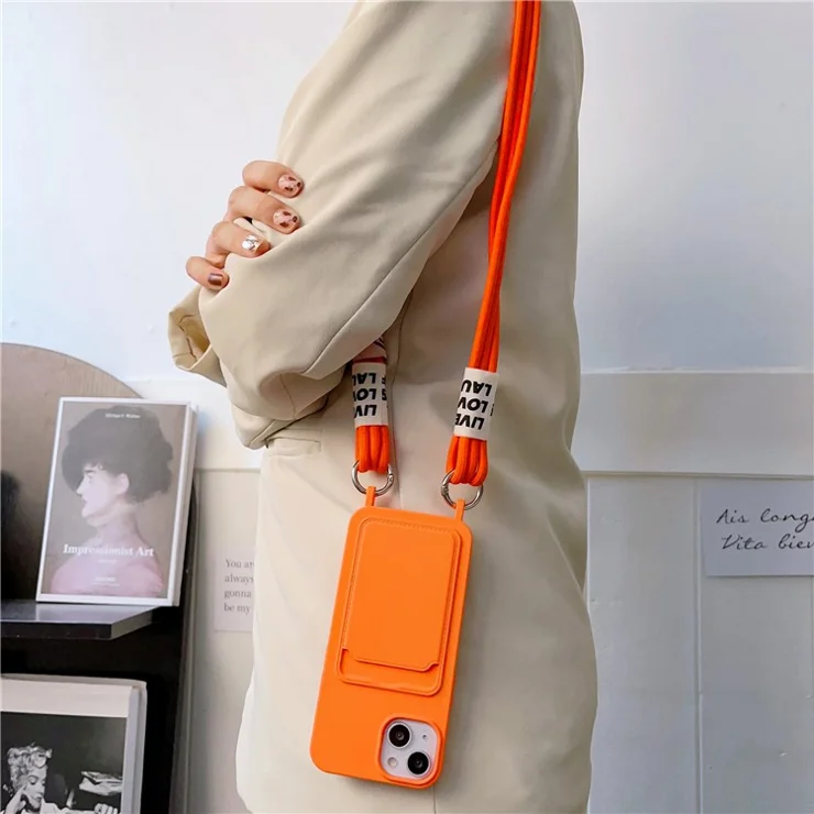 For iPhone 15 Card Holder Phone Case Soft Liquid Silicone Shockproof Cover with Strap - Coffee