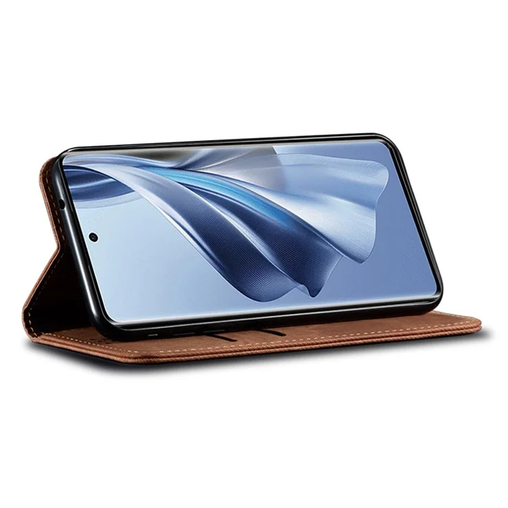 For Oppo A78 4G PU Leather Wallet Protective Case Jeans Cloth Texture Phone Stand Cover - Coffee