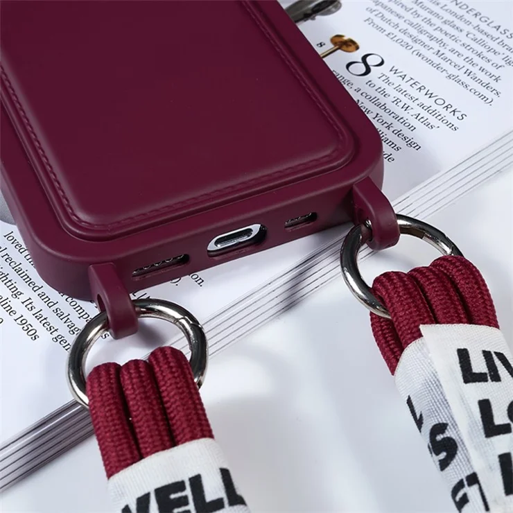 For iPhone 15 Pro Soft Slim Protective Case Liquid Silicone Card Holder Cover with Strap - Wine Red