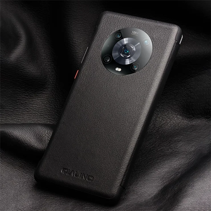 QIALINO for Honor Magic4 Pro 5G Genuine Cow Leather PC Phone Cover View Window Folio Flip Case - Red