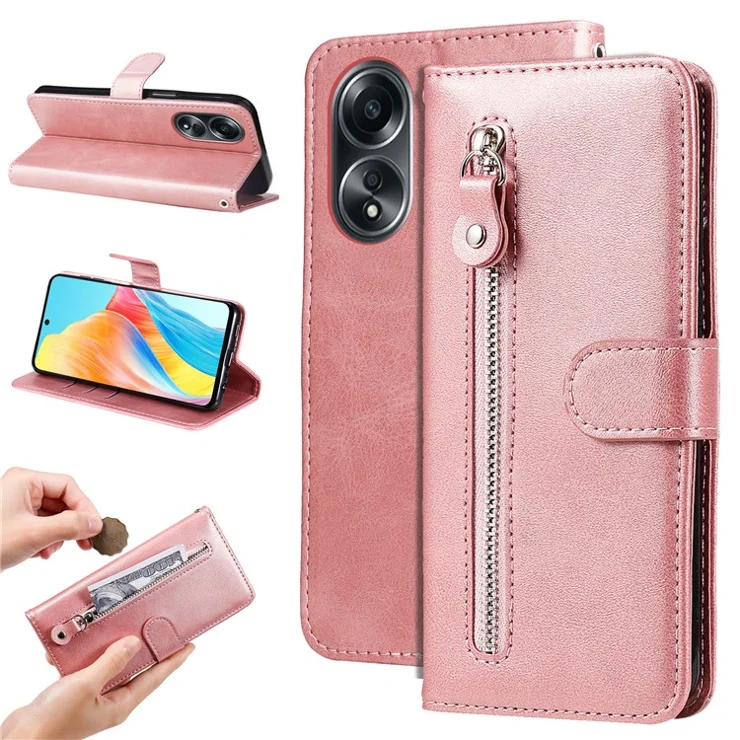 For Oppo A58 4G Slim-Fit Case Calf Texture Shockproof Phone Shell Zipper Pocket Wallet Stand Smartphone Cover - Pink