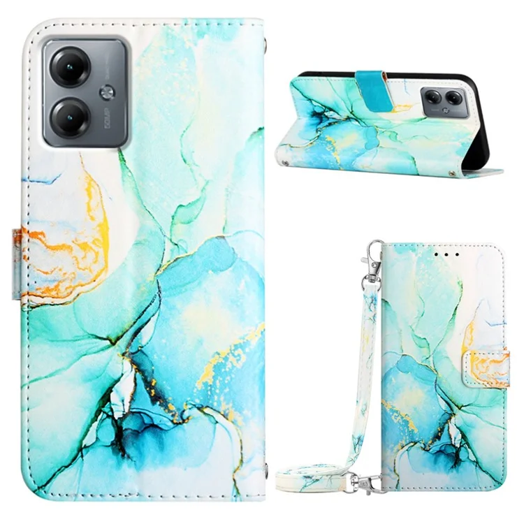 For Motorola Moto G14 4G Leather Case with Shoulder Strap Marble Pattern Phone Stand Cover - Green LS003