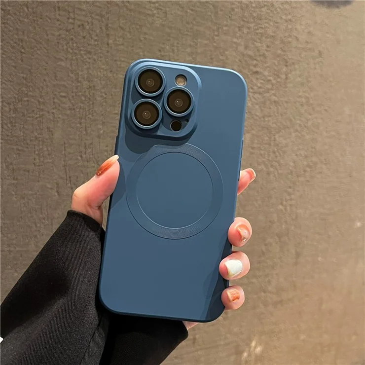 For iPhone 12 Pro Max Magnetic Phone Case Compatible with MagSafe Liquid Silicone Anti-Scratch Cover with Lens Film - Midnight Blue
