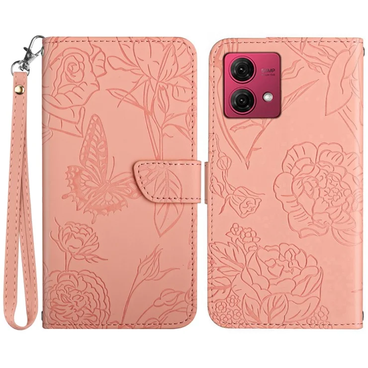 HT03 For Motorola Moto G84 5G Phone Case Wallet PU Leather Flower Imprinted Stand Flip Cover with Wrist Strap - Pink