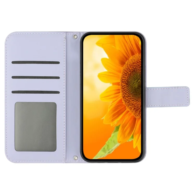 HT04 For Motorola Moto G84 5G Sunflower Imprinted PU Leather Case Wallet Stand Flip Phone Cover with Shoulder Strap - Light Purple