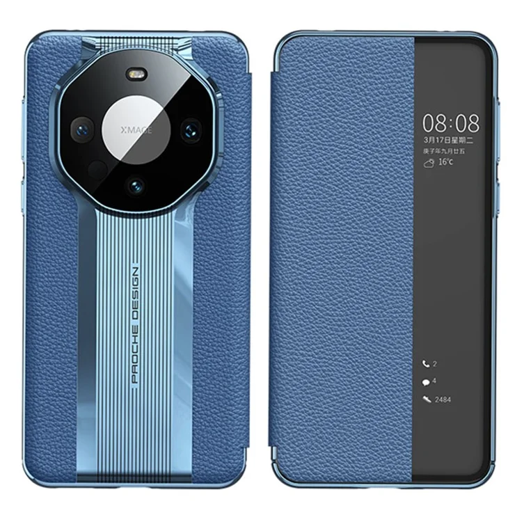 Genuine Cow Leather Phone Case for Huawei Mate 60 Pro View Window Anti-scratch Flip Cover - Blue