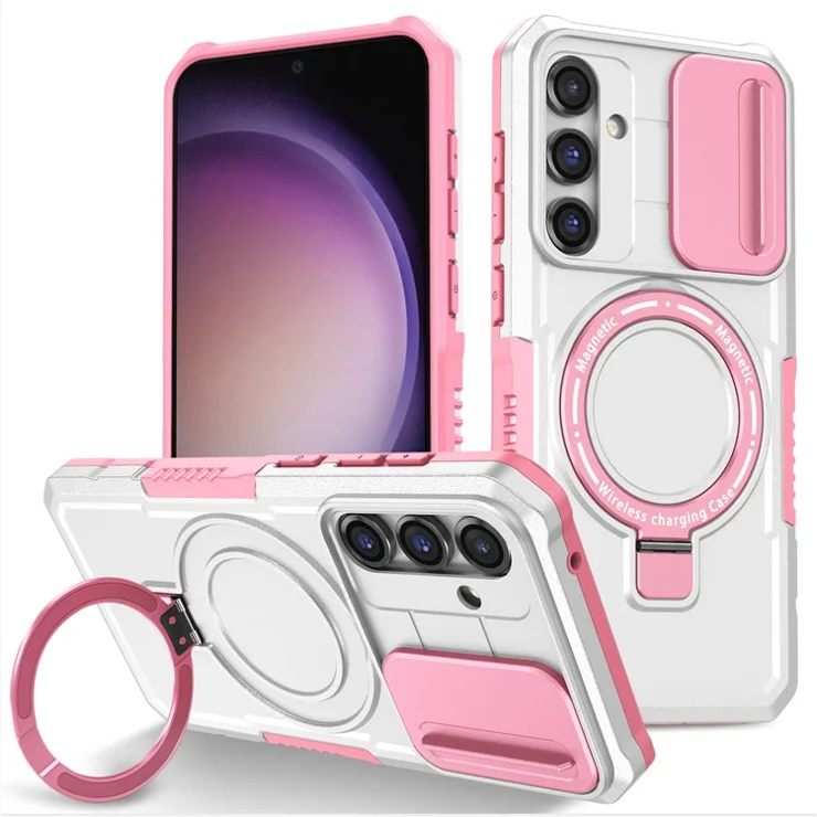 Compatible with MagSafe PC+TPU Case for Samsung Galaxy S23 FE Kickstand Anti-Drop Phone Shell with Sliding Lens Cover - Pink / White