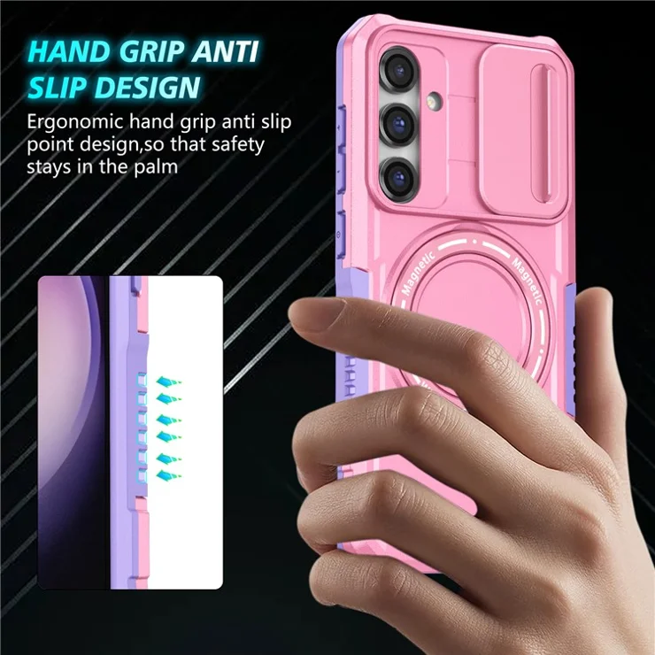 Compatible with MagSafe PC+TPU Case for Samsung Galaxy S23 FE Kickstand Anti-Drop Phone Shell with Sliding Lens Cover - Purple / Pink