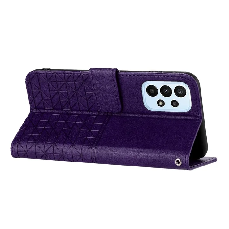 For Samsung Galaxy A23 5G (Global Version) / A23 4G Phone Wallet Case Geometric Imprinted Microfiber Leather Stand Cover - Purple