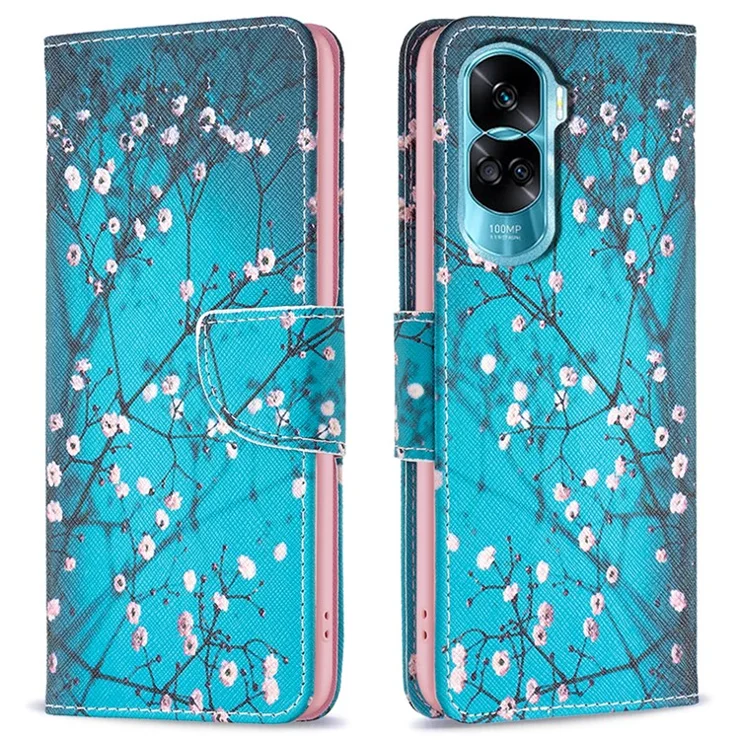 PU Leather Wallet Case for Honor 90 Lite 5G / X50i 5G , Pattern Printing Stand Flip Phone Cover - Plum Blossom