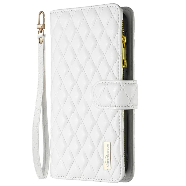 BINFEN COLOR BF Style-15 For Oppo A38 4G Zipper Pocket Leather Phone Case Wallet Stand Cover Flip Shell - White