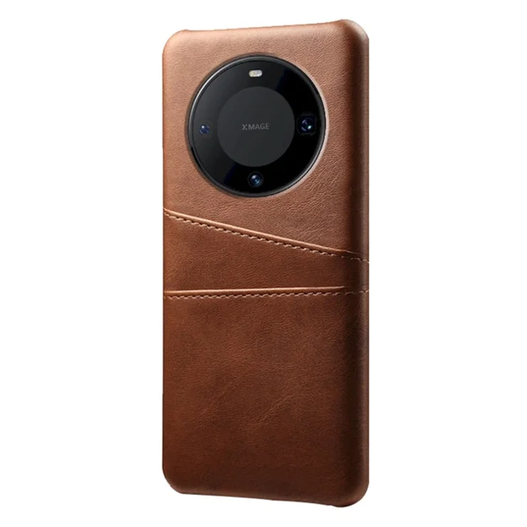 For Huawei Mate 60 Pro Drop Protection Cover Dual Card Slots PU Leather Coated PC Phone Case - Brown