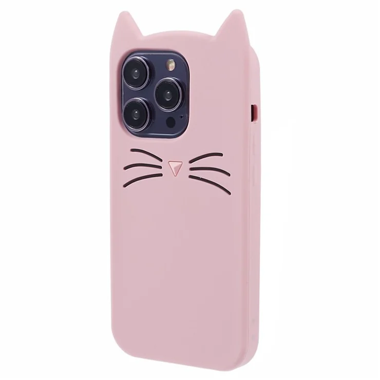 Silicone Phone Case for iPhone 14 Pro , Shockproof 3D Moustache Cat Phone Cover - Pink