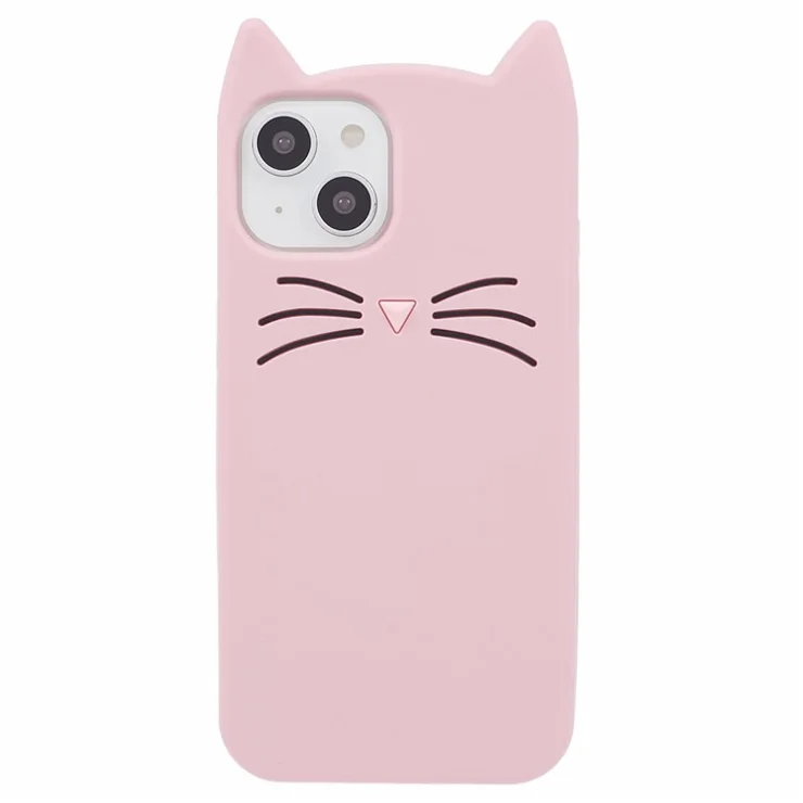 For iPhone 14 Plus Soft Silicone Phone Case 3D Moustache Cat Shockproof Phone Cover - Pink