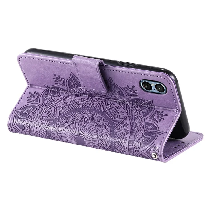 For Sony Xperia 5 V Mandala Flower Imprinted Wallet PU Leather Phone Case Stand Cover with Strap - Purple