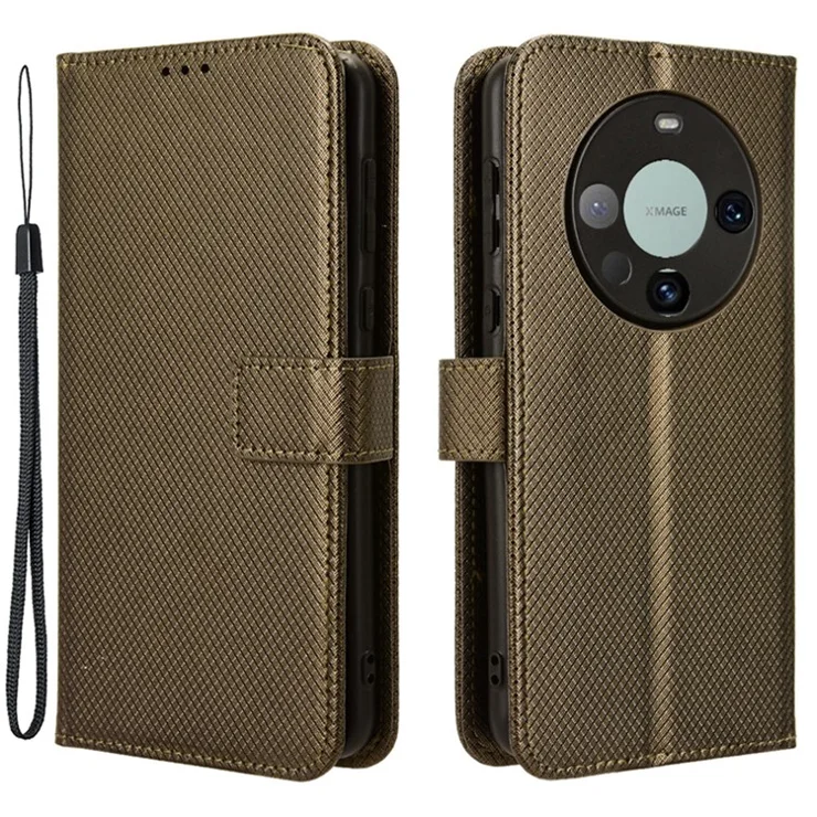 For Huawei Mate 60 Anti-Scratch Shell Diamond Texture Stand Cover PU Leather Phone Case - Brown