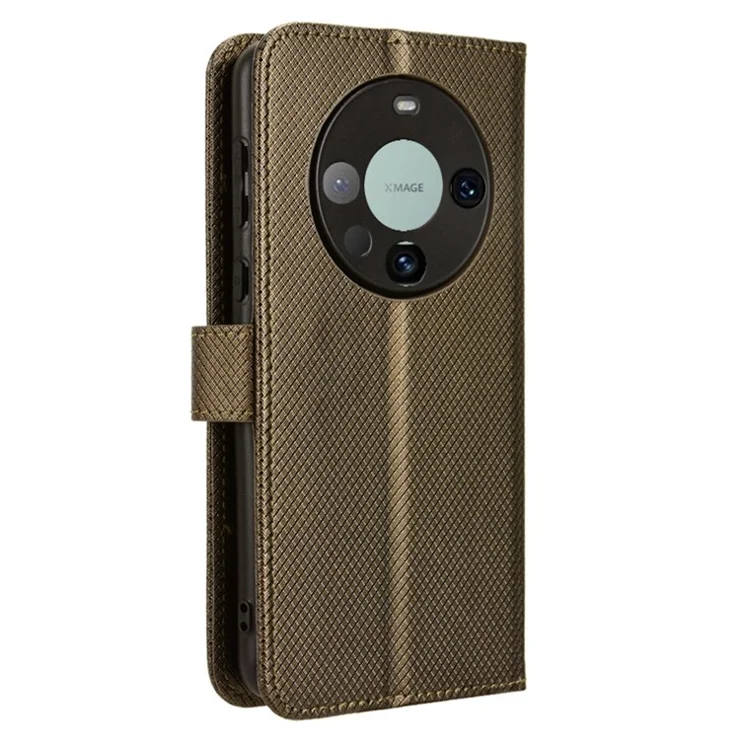 For Huawei Mate 60 Anti-Scratch Shell Diamond Texture Stand Cover PU Leather Phone Case - Brown