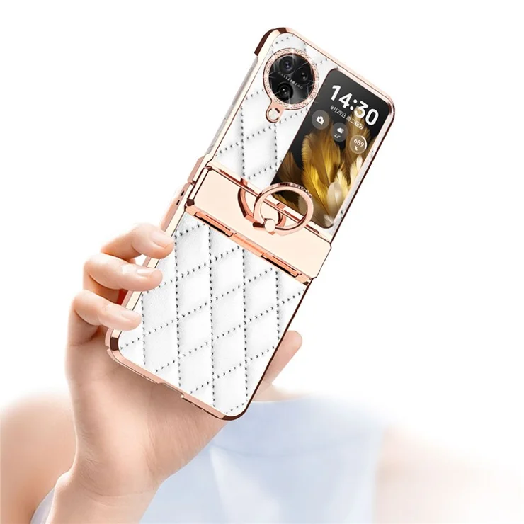 For Oppo Find N3 Flip 5G Imprinted PU+PC Phone Case Rhinestone Ring Kickstand Electroplating Phone Cover - Red