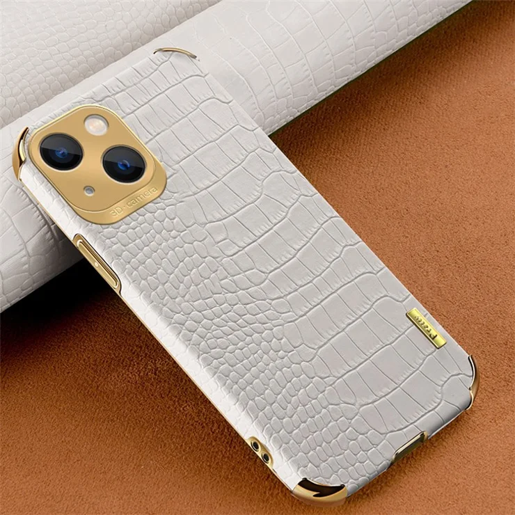 For iPhone 15 Plus Crocodile Texture PU Leather Coated TPU Cover 6D Electroplated Phone Case - White