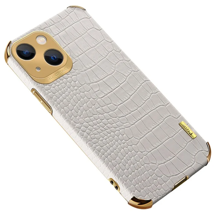 For iPhone 14 Plus Leather+TPU Anti-drop Cover Crocodile Texture Electroplated Phone Case - White