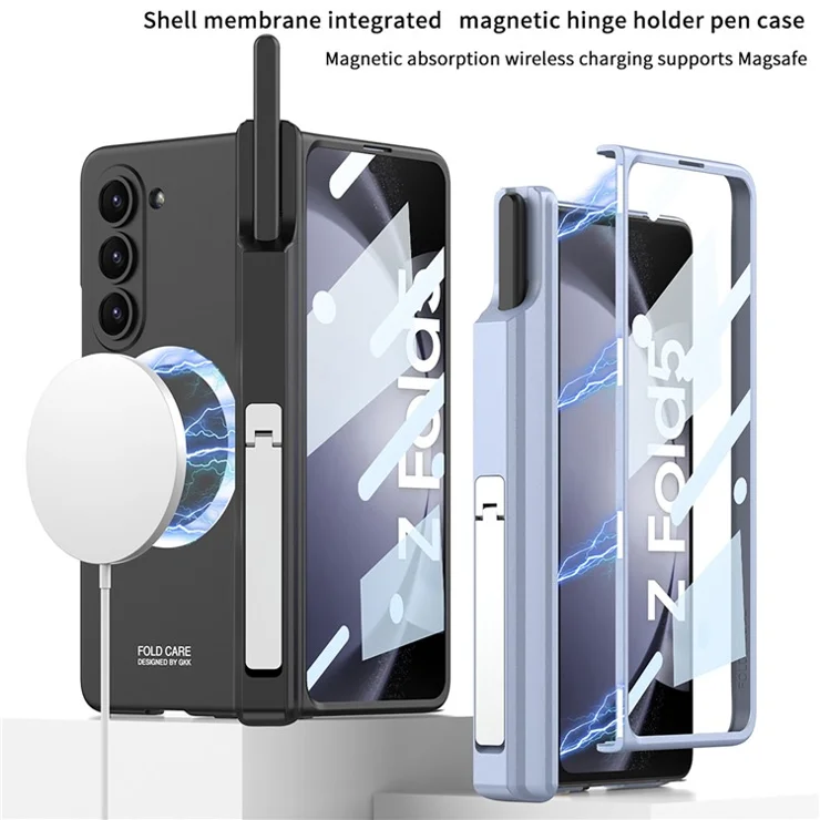 GKK For Samsung Galaxy Z Fold5 5G Case Pen Holder Magnetic PC Phone Cover with Front Screen Film - Wine Red