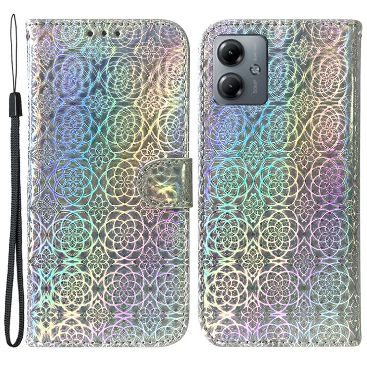 For Motorola Moto G14 4G Phone Case Dazzling Flower Pattern PU Leather Stand Cover Wallet - Grey