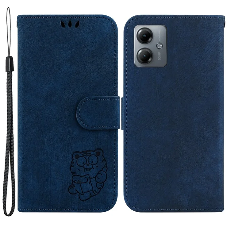 For Motorola Moto G14 4G Cute Tiger Imprint Wallet PU Leather Case Stand Phone Cover - Dark Blue